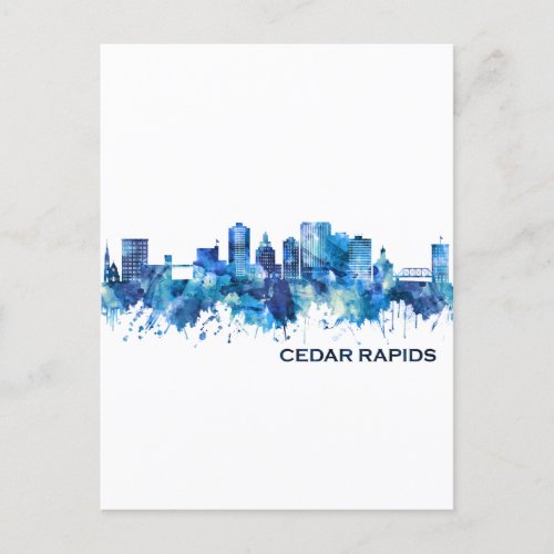 Cedar Rapids Iowa Skyline Blue Holiday Postcard