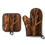Cedar Textured Wooden Bark Look Oven Mitt & Pot Holder Set