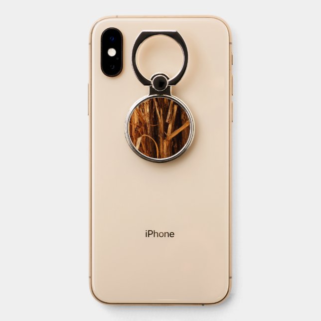 Cedar Textured Wooden Bark Look Phone Ring Stand (On Phone)