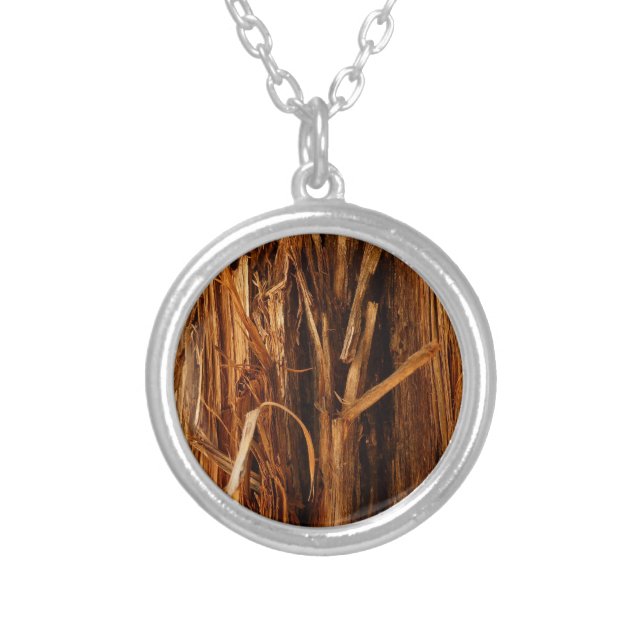 Cedar Textured Wooden Bark Look Silver Plated Necklace (Front)