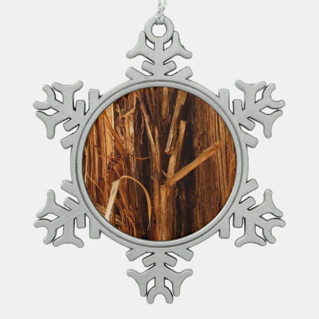 Cedar Textured Wooden Bark Look Snowflake Pewter Christmas Ornament (Front)