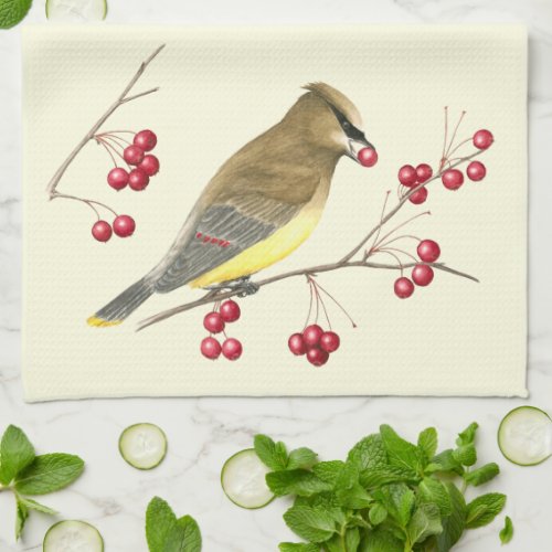 Cedar Waxwing Bird Art Kitchen Towel