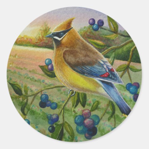Cedar Waxwing Bird Blueberry Farm Watercolor Art Classic Round Sticker