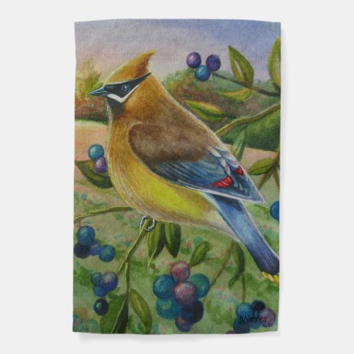 Cedar Waxwing Bird Blueberry Farm Watercolor Art Garden Flag