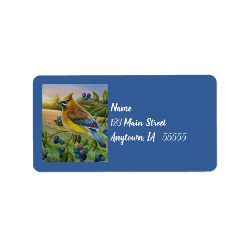 Cedar Waxwing Bird Blueberry Farm Watercolor Art Label