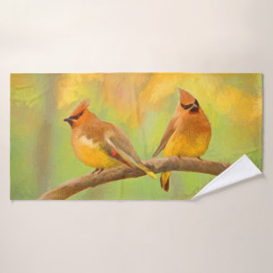 Cedar Waxwing Painting - Cute Original Dog Art Bath Towel Set