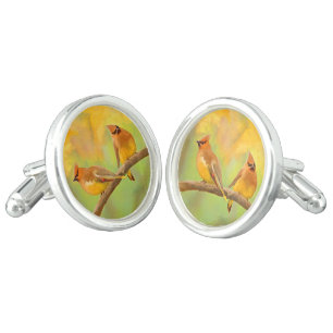 Cedar Waxwing Painting - Cute Original Dog Art Cufflinks
