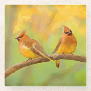 Cedar Waxwing Painting - Cute Original Dog Art Glass Coaster
