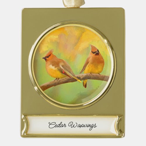 Cedar Waxwing Painting _ Cute Original Dog Art Gold Plated Banner Ornament