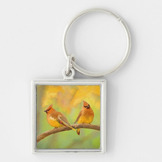 Cedar Waxwing Painting - Cute Original Dog Art Keychain (Front)