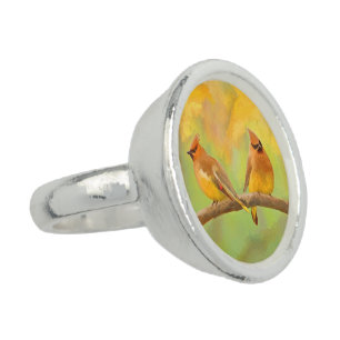 Cedar Waxwing Painting - Cute Original Dog Art Ring