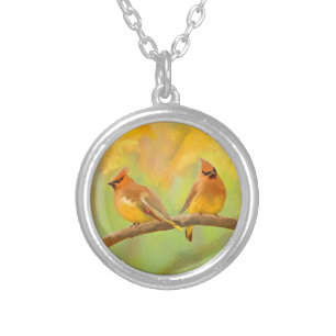 Cedar Waxwing Painting - Cute Original Dog Art Silver Plated Necklace