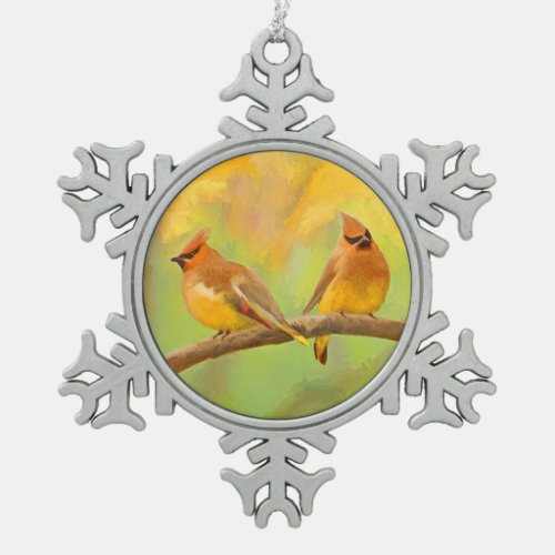 Cedar Waxwing Painting _ Cute Original Dog Art Snowflake Pewter Christmas Ornament