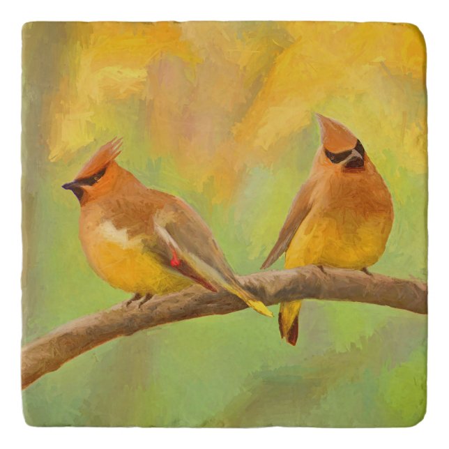 Cedar Waxwing Painting - Cute Original Dog Art Trivet (Front)