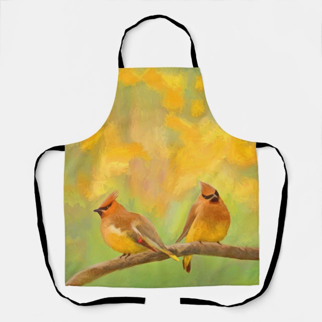 Cedar Waxwing Painting - Cute Original Wild Bird A Apron (Front)