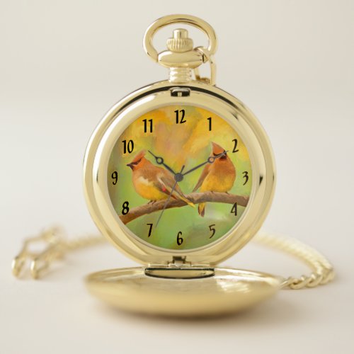 Cedar Waxwing Painting _ Cute Original Wild Bird A Pocket Watch