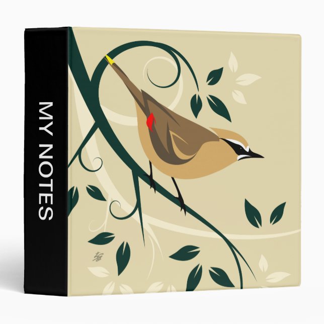 Cedar Waxwing Stylized Bird Art Design 3 Ring Binder (Front/Spine)