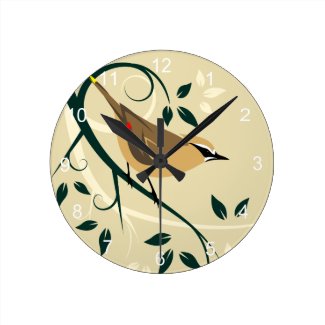 Cedar Waxwing Stylized Bird Art Design Round Clock