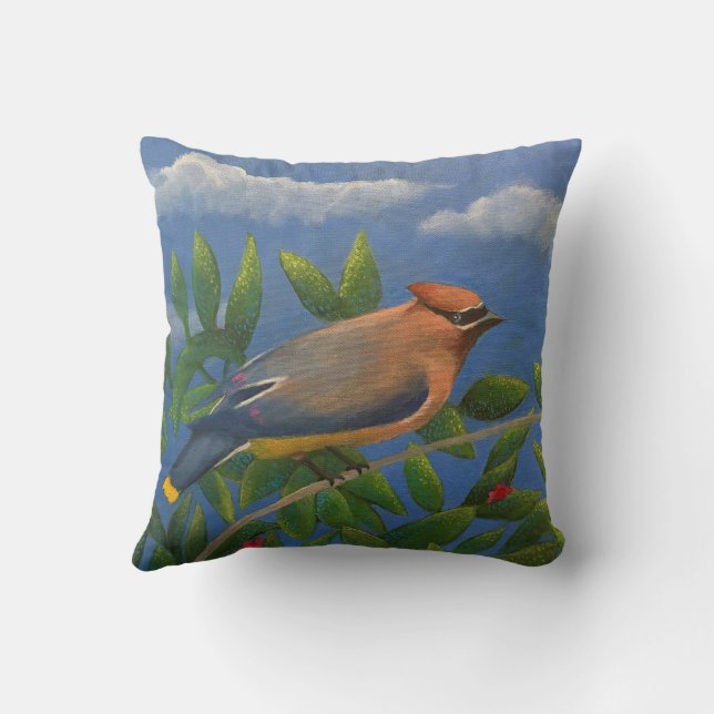Cedar Waxwing Throw Pillow (Back)