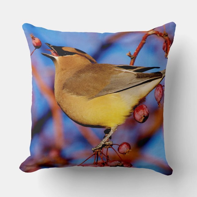 Cedar Waxwing Throw Pillow (Front)