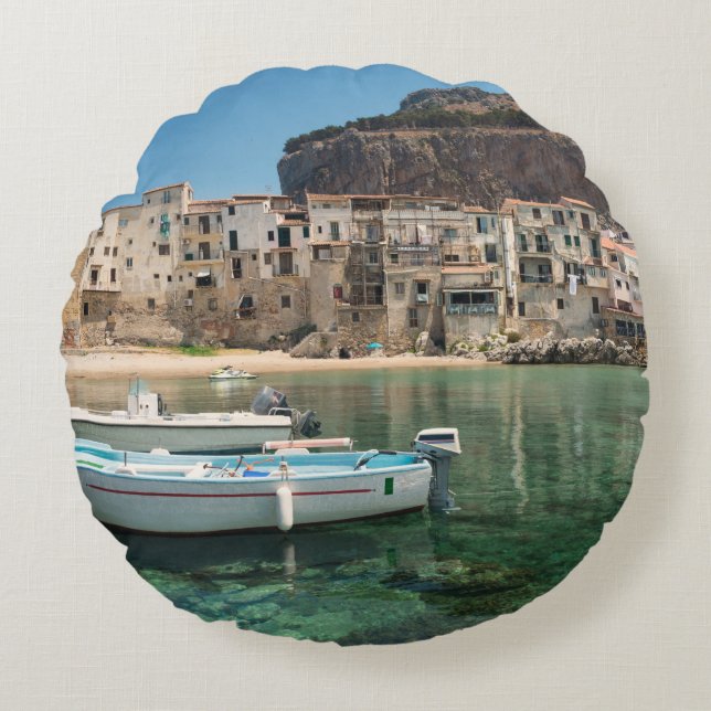 Cefalu town in Sicily Round Pillow (Front)