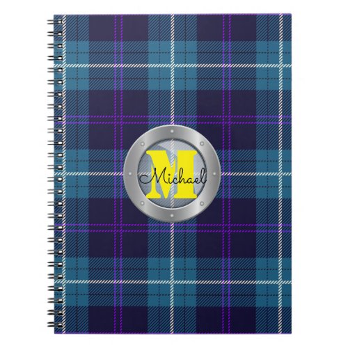 Celadon Blue Plaid Tartan Metallic Steel Monogram Notebook