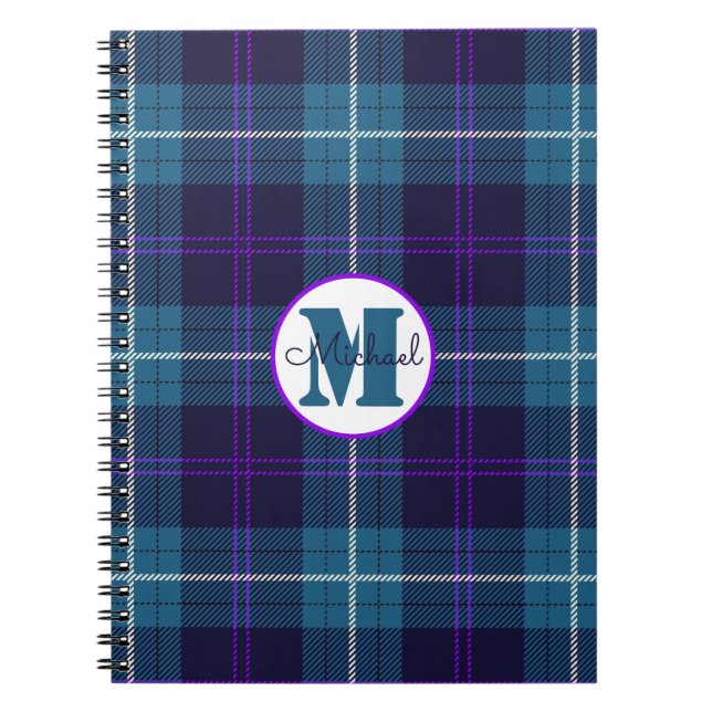 Celadon Blue Plaid Tartan Monogram Script Name Notebook (Front)