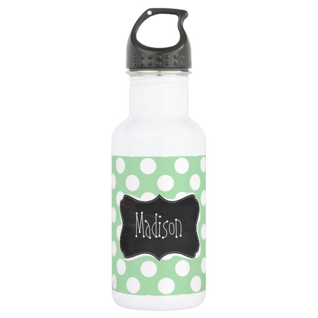 Celadon Green Polka Dots; Chalkboard look Stainless Steel Water Bottle (Front)