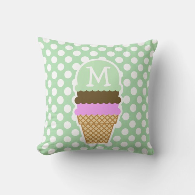 Celadon Green Polka Dots; Ice Cream Cone Throw Pillow (Front)