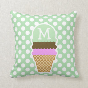 Celadon Green Polka Dots; Ice Cream Cone Throw Pillow