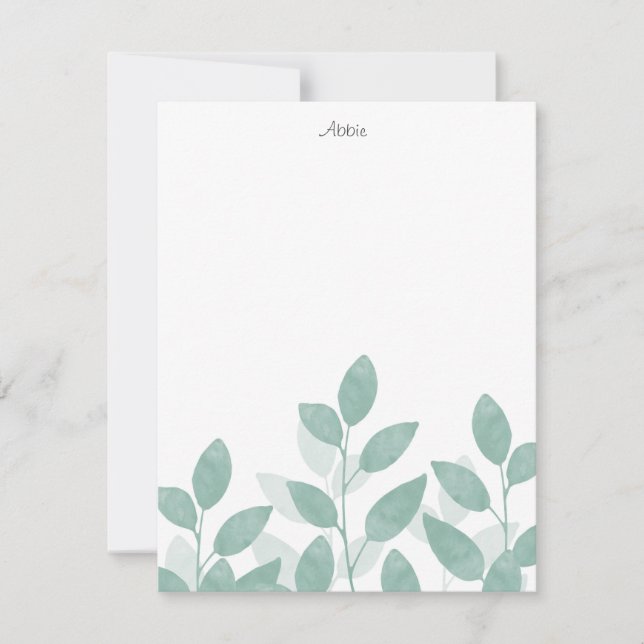 Celadon Green Watercolor Leaves Note Card (Front)