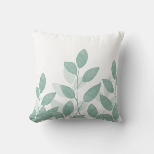 Celadon Green Watercolor Leaves Throw Pillow (Front)
