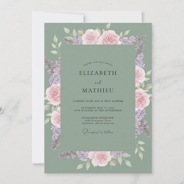 Celadon Lilac Rose Wedding Invitation (Front)
