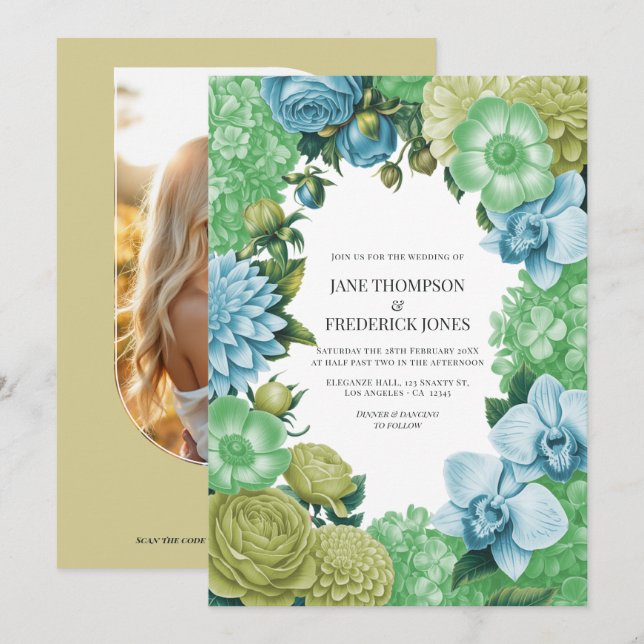 Celadon Mist, Soft Fern & Porcelain Blue Wedding Invitation (Front/Back)
