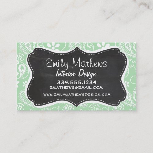Celadon Paisley; Floral; Chalkboard look Business Card Template