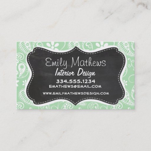 Customizable Celadon Paisley; Floral; Chalkboard look Business Card Template