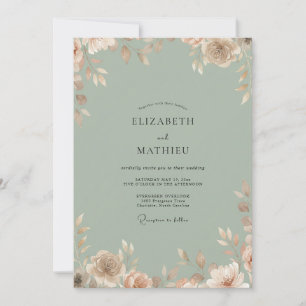 Celadon Peach Leafy Wedding Invitation