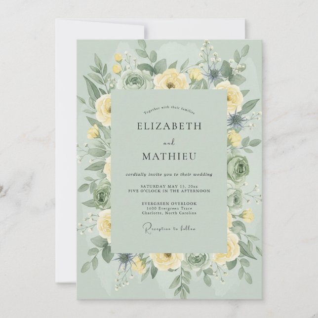 Celadon Yellow Rose Wedding Invitation (Front)