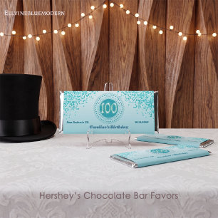 Celebrate 100th Birthday Sweet Teal Blue Glitter Hershey Bar Favors