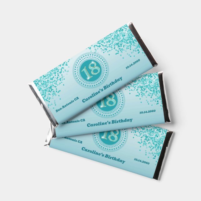Celebrate 18th Birthday Sweet Teal Blue Glitter Hershey Bar Favors (Front)