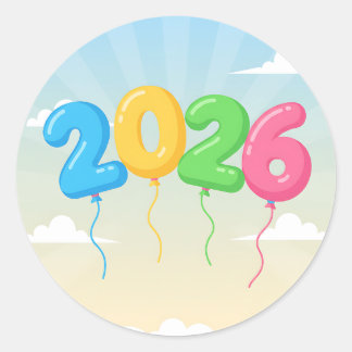 Celebrate 2026 with colorful floating balloons classic round sticker