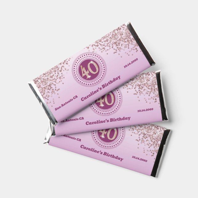 Celebrate 40th Birthday Sweet Rose Gold Glitter Hershey Bar Favors (Front)