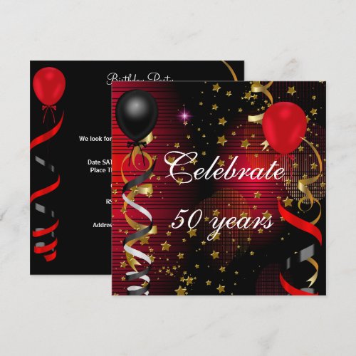 Celebrate 50 50th Birthday Party Black Red Stars Personalized Announcement