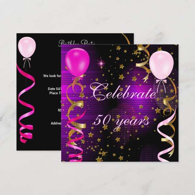 Celebrate 50 50th Birthday Party Pink Purple Stars Invitation (Front/Back)