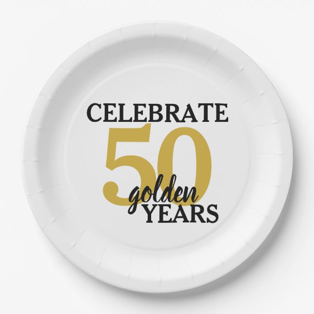 Celebrate 50 Golden Years Simple 50th Anniversary Paper Plates (Front)