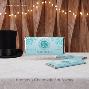 Celebrate 50th Birthday Sweet Teal Blue Glitter Hershey Bar Favors