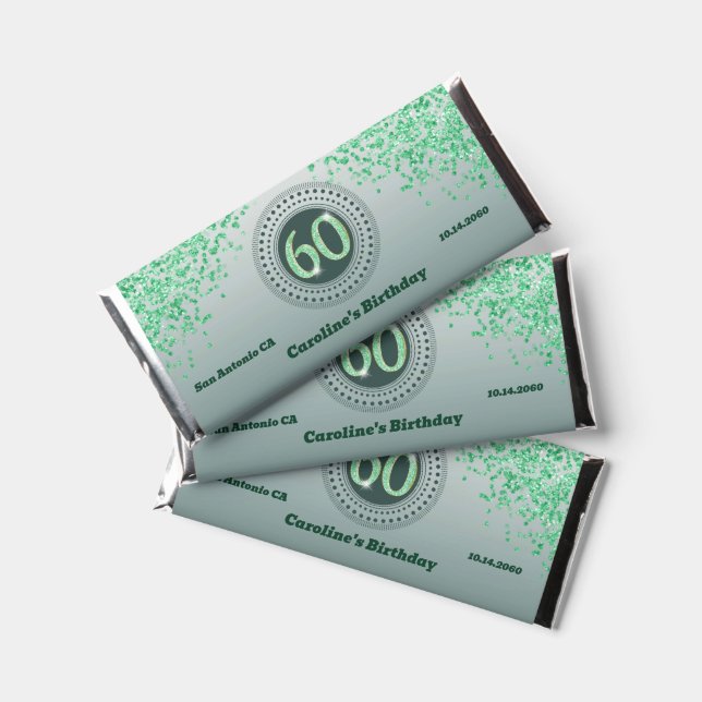 Celebrate 60th Birthday Sweet Green Glitter Hershey Bar Favors (Front)
