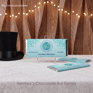 Celebrate 80th Birthday Sweet Teal Blue Glitter Hershey Bar Favors