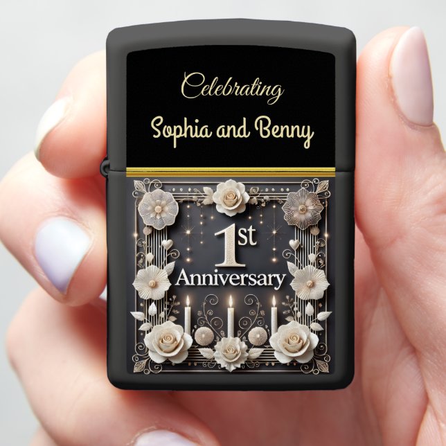 Celebrate a Beautiful First Anniversary Moment Zippo Lighter (In Hand)