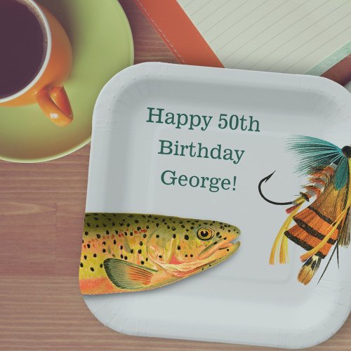 Celebrate a Fisherman Trout Fly Fishing Jig Paper Plates